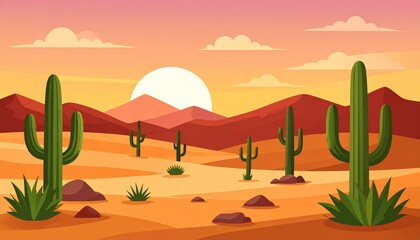 Vibrant Desert Landscape with Saguaro Cacti at Sunset