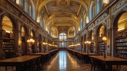 Naklejka premium Grand public library hall with intricate vaulted ceilings detailed murals and ornate chandeliers Long wooden tables are arranged for study with lamps casting soft light