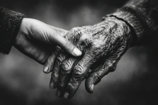 Intergenerational black and white hand clasp, symbolizing support and care.