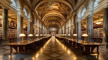 Grand public library hall with intricate vaulted ceilings detailed murals and ornate chandeliers Long wooden tables are arranged for study with lamps casting soft light