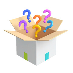 Mystery 3d box with color question marks render icon. Open cardboard pack, secret gift with surprise.