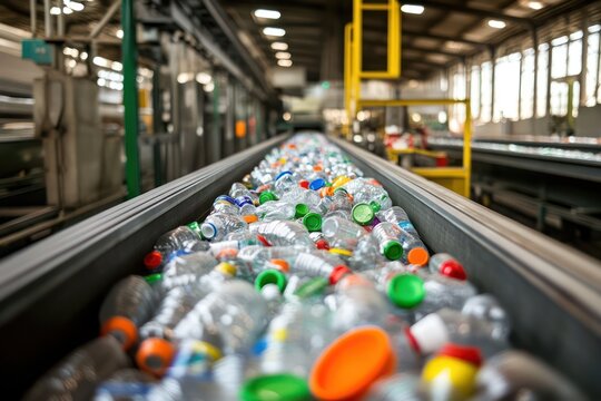 Plastic and glass bottles on conveyor at recycling plant - Powered by Adobe