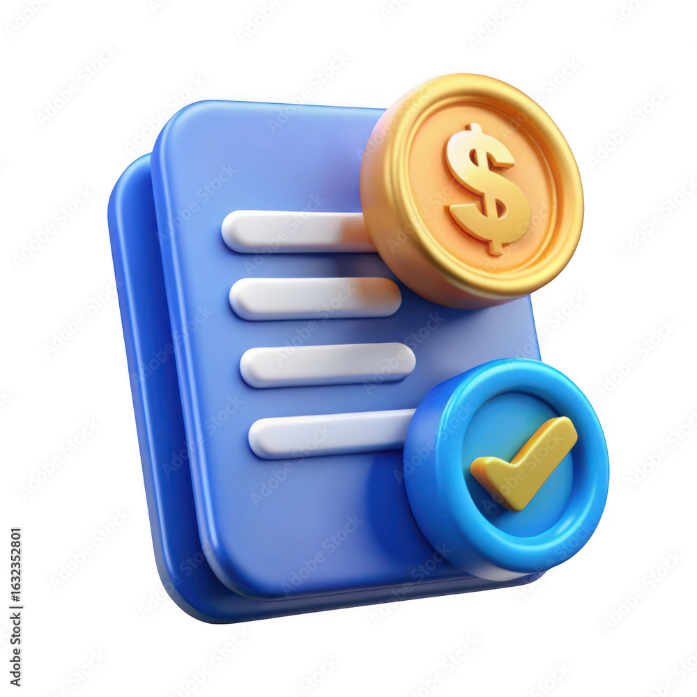 Aufkleber 3d financial document with coin and checkmark isolated on transparent background
