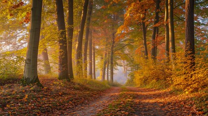 Obraz premium Peaceful autumn forest trail covered in colorful fallen leaves and golden trees 