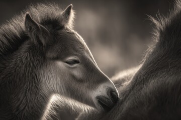 Close-up of a fluffy horse foal affectionately nuzzling another in soft light.