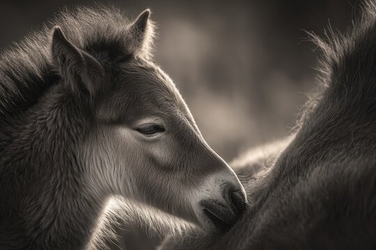 Close-up of a fluffy horse foal affectionately nuzzling another in soft light. - Powered by Adobe