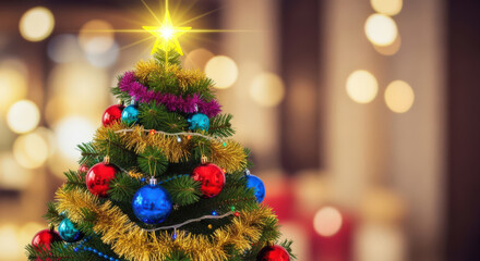 Obraz premium A Small Decorated Evergreen Tree with Colorful Ornaments and a Star Topper Stands Against a Blurred Background Creating a Joyful and Festive Holiday Scene