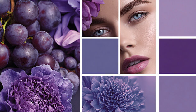 A conceptual inspiration board for the aesthetics of a luxury private aesthetic medical clinic using the colors Fresh Purple - 136-32-33, PANTONE TCX, a color palette with harmonious tones and close-u