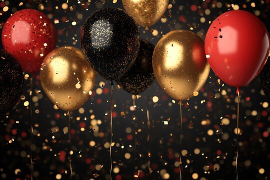 Celebration banner with red and black balloons and gold confetti