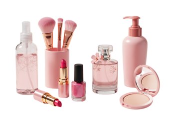Elegant assortment of soft pink beauty and skincare essentials including makeup brushes, perfume, and lotionson transparent background.