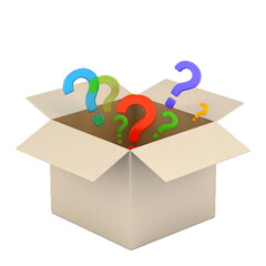 Mystery 3d box with color question marks render icon. Open cardboard pack, secret gift with surprise.