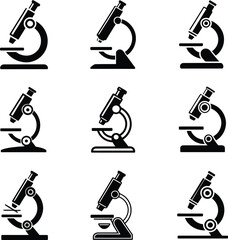 Nine black microscope icons in a 3x3 grid on white background science laboratory