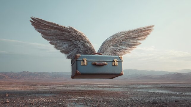 Winged Suitcase in a Desert Landscape