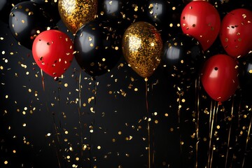 Celebration banner with red and black balloons and gold confetti