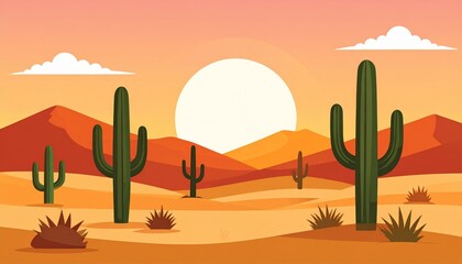 Minimalist Vector Illustration of a Desert Landscape with Cacti at Sunset