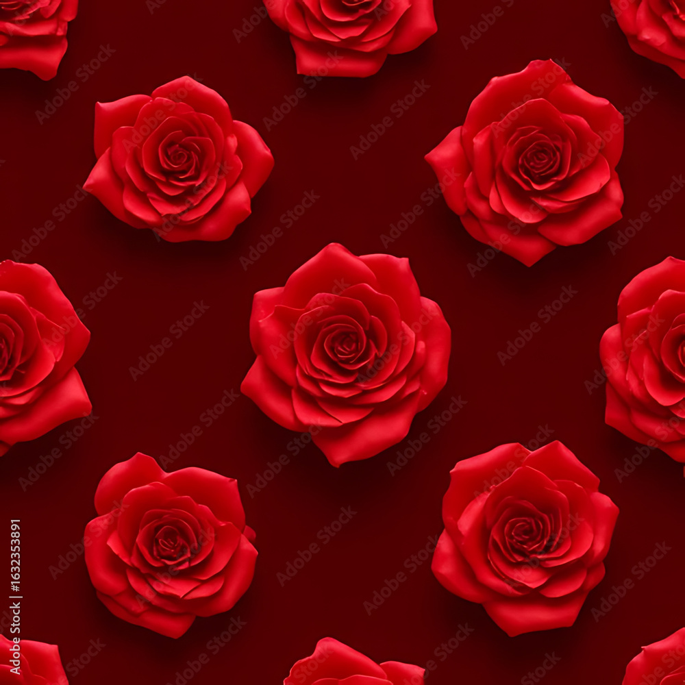 Poster red roses arranged in a repeating pattern on a dark red background creating a seamless floral design