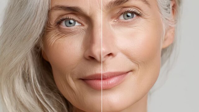 Closeup of mature woman face divided in half showing wrinkles versus smooth skin, anti aging concept. 4K video