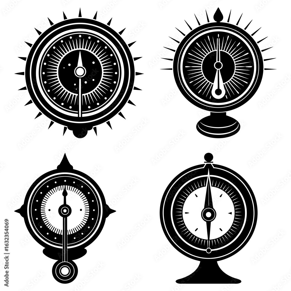 Poster four vintage compasses in black and white showing different styles and design elements for navigatio