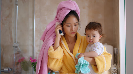 Young mother in a yellow bathrobe holding her baby while talking on the phone in a stylish bathroom setting