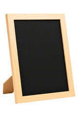 Small tabletop chalkboard in a wooden frame with a stand isolated on a transparent background