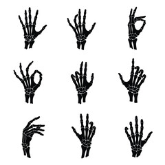 A comprehensive set of black silhouette skeleton hands making various gestures. Conceptual anatomical illustrations of human hand bones.