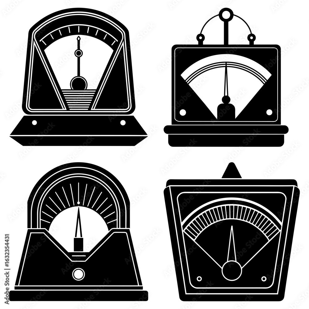 Aufkleber illustration showing four different styles of analog meters with needles and measurement scales in b