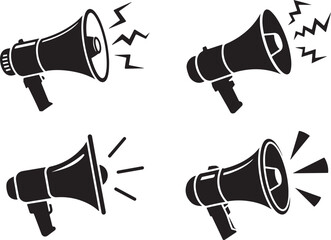 Megaphone Silhouette Vector Icon, Solid Black Announcement Symbol, Megaphone icon vector illustration on white background for communication and announcement.