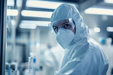 Scientist in full protective gear inside laboratory