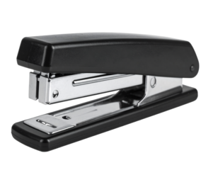 Black metal stapler for office, school, or home use on transparent background