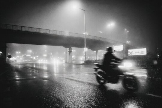 Dynamic motion blur captures a motorcycle on a wet city street at night.