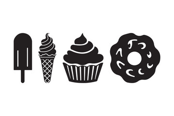 Black and white silhouette of assorted sweet treats on a white background