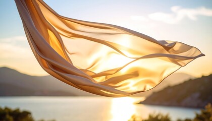 Flowing Golden Fabric Illuminated by the Setting Sun over a Lake