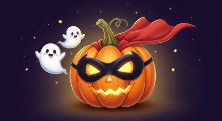 A Whimsical Halloween Illustration Featuring a Superhero Pumpkin with Ghostly Companions Against a Starry Night Backdrop, Evoking a Sense of Playful Festivity and Charm