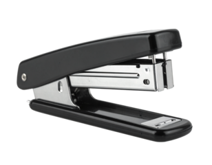 Black stapler, office equipment for paper fastening, stationery tool on transparent background