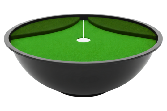 Indoor golf putting practice cup with green artificial turf isolated on a transparent background