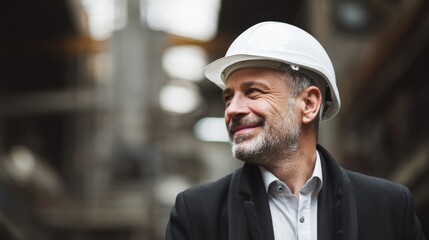 A confident older man in professional attire wears a white hard hat,
