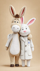 Obraz premium A cartoon donkey doctor assists a rabbit in walking, depicted in a colorful 3D illustration.