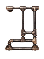 Industrial letter "J" formed from interconnected pipes