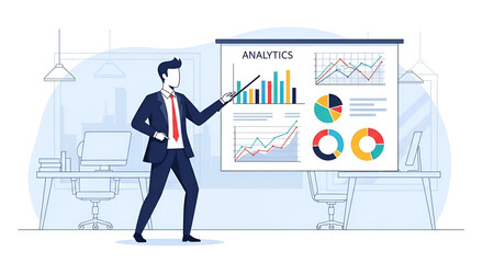 Businessman giving a corporate presentation on business analytics, pointing at charts and graphs for strategic planning.