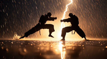Two karate fighters in dramatic rain battle with lightning strike in the background for martial arts action scene