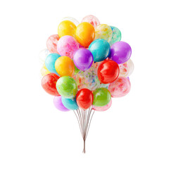 A cluster of colorful balloons, various shades of rainbow hues,?in a?spherical,?tight arrangement,?with?stems?connecting?them to a point below,?against?a?pure black background
