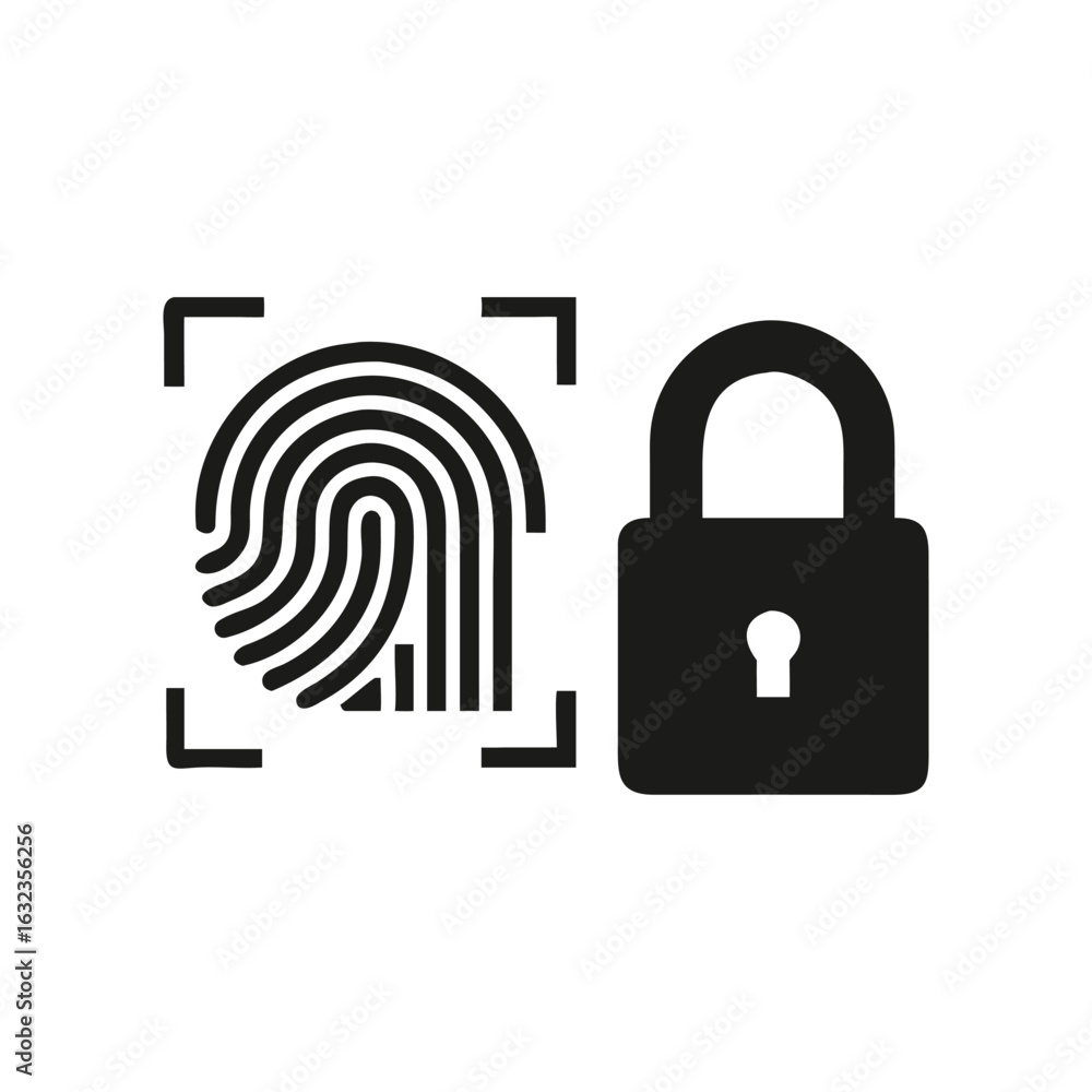 Poster fingerprint-activated lock vector in bold black silhouette style, representing identity verification