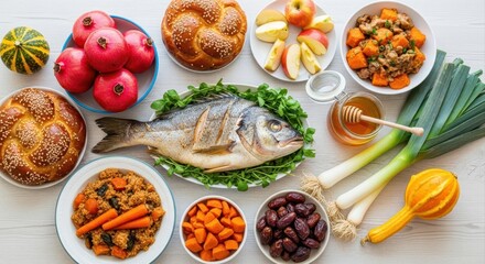 traditional rosh hashanah feast with challah, pomegranates, fish, apples, honey, various autumn vegetables on festive table. jewish new year, holiday celebration. print design, greeting card, poster.
