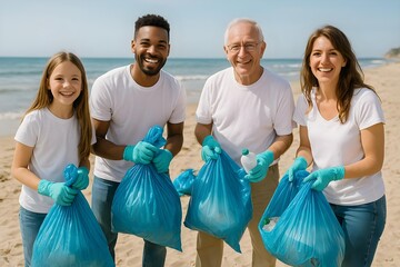 A diverse group of four people smiling while holding blue trash bags on a beach, promoting environmental clean-up efforts. Concept Beach Clean-Up Initiative, Environmental Awareness
