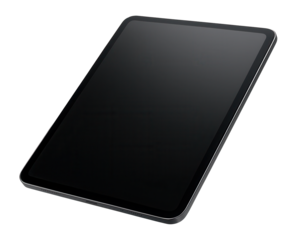 Modern black tablet device with sleek edges and a glossy screen on transparent background.