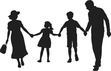 Silhouette of family holding hands, parents and children, walking together, unity, bonding, love, support, connection, outdoors, happy moments