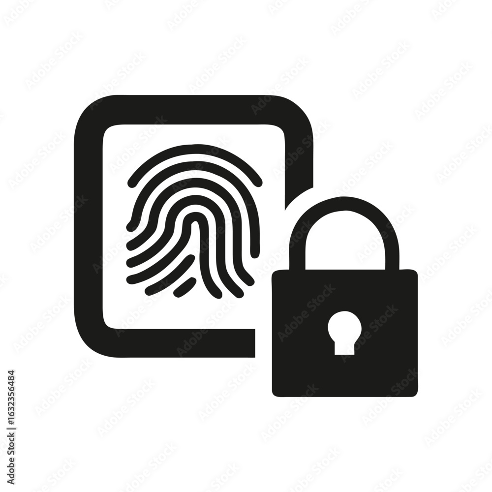 Poster black silhouette vector icon of a biometric padlock with fingerprint scan, symbolizing secure access