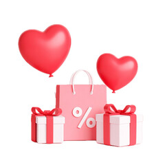 3d render shop paper bags love sale background. Fashion banner for online shopping with gift packages, red heart balloons, percent or bonus.