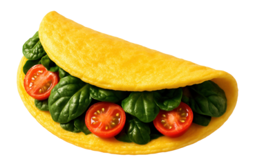 Fresh omelette taco filled with vibrant spinach leaves and ripe cherry tomato slices on transparent background.