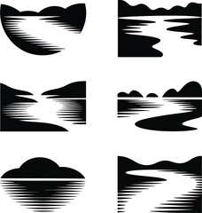 Six stylized black and white landscape icons with water and hills nature river